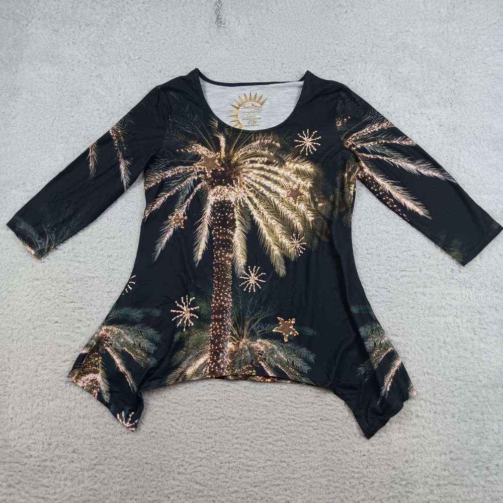SunBay Top Sunny Day Tech Women Small Black Palm Tree Handkerchief Hem RN 76235
